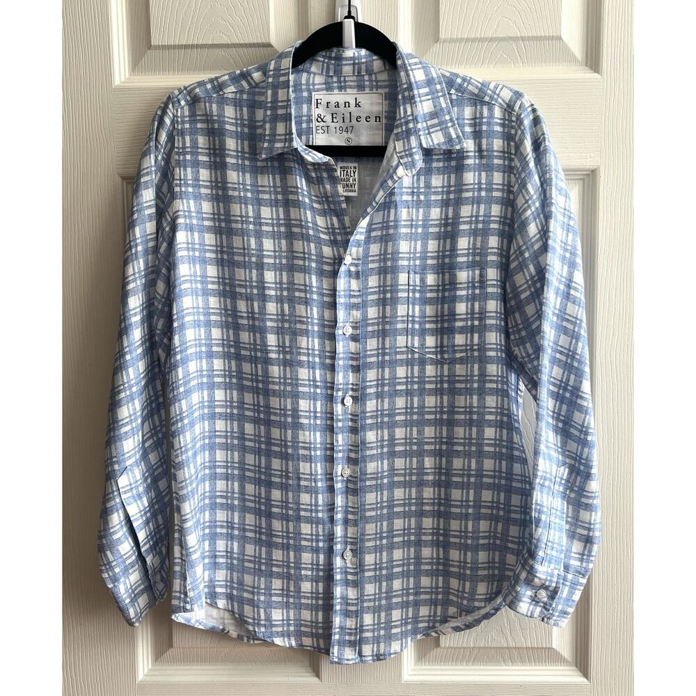 FRANK & EILEEN Barry 100% Linen Blue White Check Button Blouse Top Italy Sz S